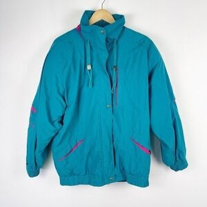 Vintage 80s London Towne Teal Pink Windbreaker Ski Jacket Lining Women's Medium